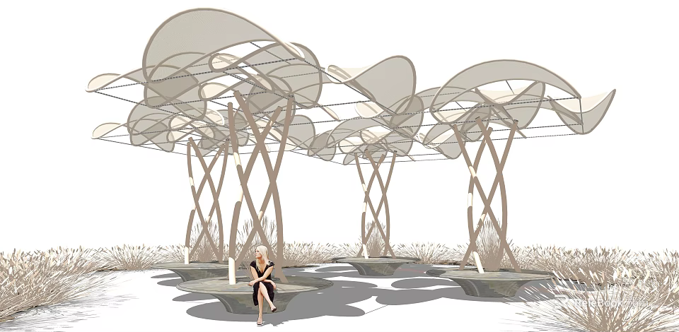 Modern Pergola With Curved Intersecting Pillars And Arched Translucent Roof In Outdoor Leisure Space 3d model 