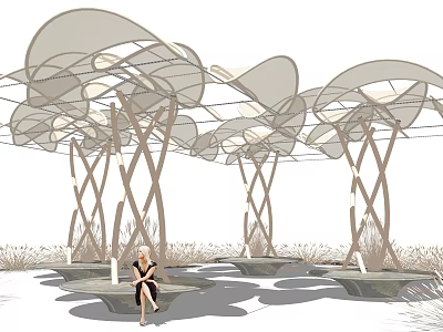 Modern Pergola With Curved Intersecting Pillars And Arched Translucent Roof In Outdoor Leisure Space 3d model