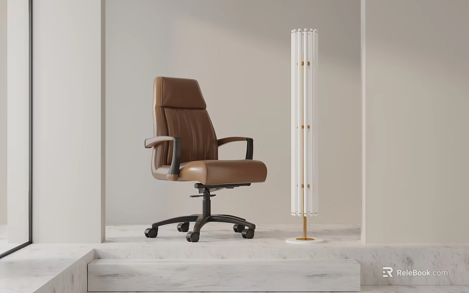 Brown Leather Office Chair With Modern Ergonomic Design And Minimalist Floor Lamp 3d model 