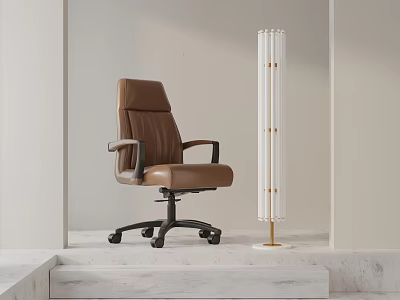 Brown Leather Office Chair With Modern Ergonomic Design And Minimalist Floor Lamp 3d model