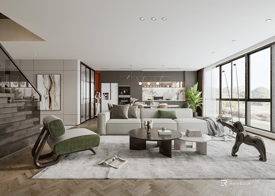 Modern Open Living Dining Room Interior Design With Sofa Coffee Table And Large Windows 3d model