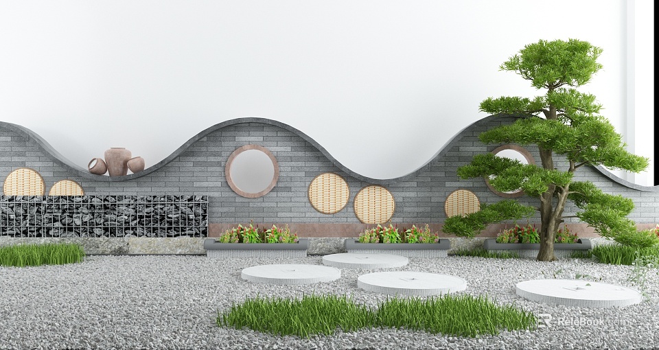 Traditional Chinese Courtyard Featuring Curved Gray Brick Wall Round Windows Stone Lanterns And Green Plants 3d model 