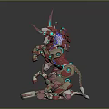 Mechanical Creature Characters With Unicorn Design In Red Beige Colors And Decorative Elements