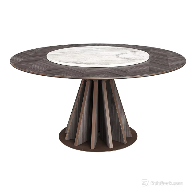 Modern Round Side Table With White Marble Top And Dark Wooden Radiated Base 3d model 