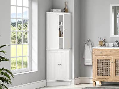 White Bathroom Cabinet With Open Shelves And Doors In Modern Bathroom Interior 3d model