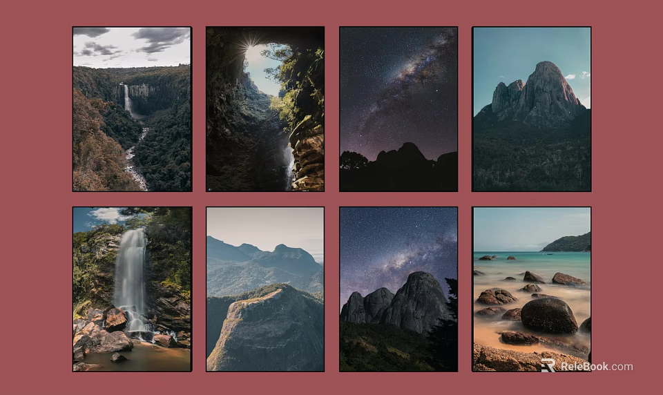 Beautiful Landscape Paintings With Waterfall Cave Starry Sky Mountain And Beach Scenes 3d model 