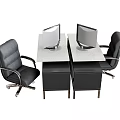 Two Modern Office Desks With White Tabletop Computer Monitors And Black Chairs 3d model