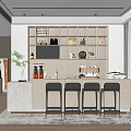 Modern Bar Area Interior With Wooden Countertop Four Bar Stools Wine Shelves And Coffee Machine
