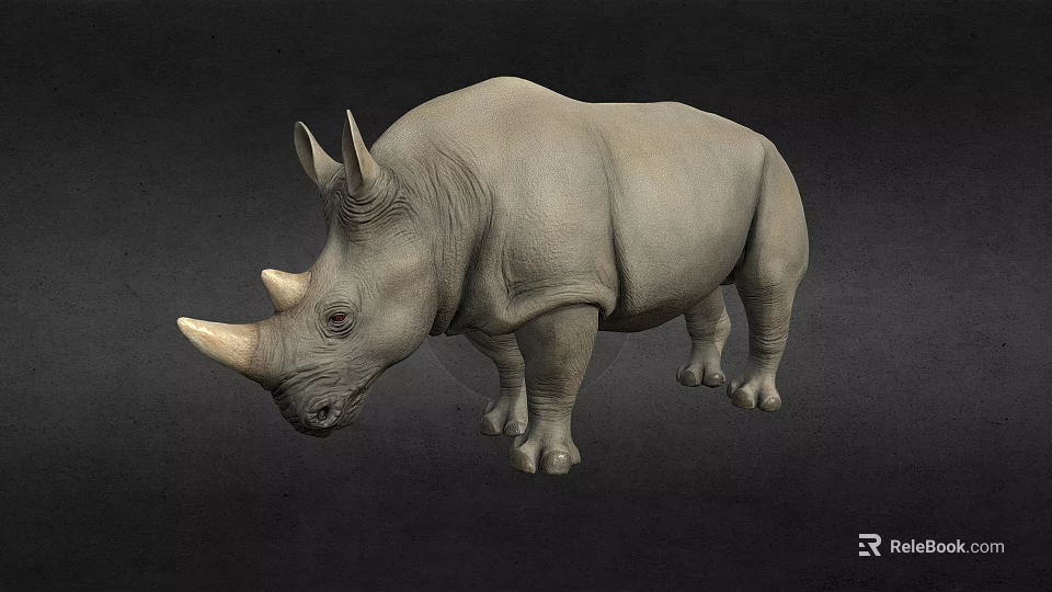 Detailed Realistic 3D Rhinoceros Model With Horns Standing On Black Background 3d model 