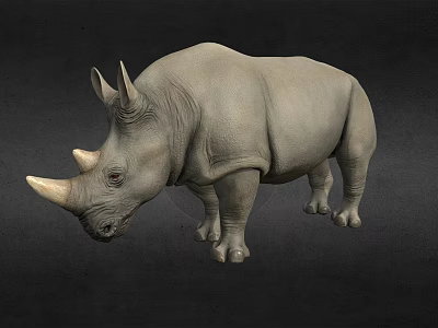 Detailed Realistic 3D Rhinoceros Model With Horns Standing On Black Background 3d model