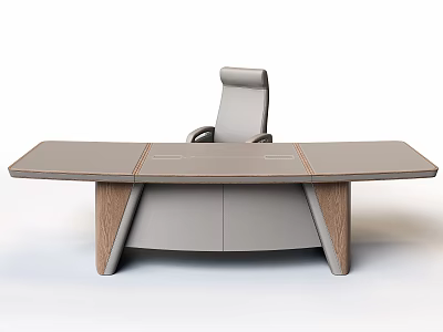 Modern Office Desk With Gray Surface Wooden Legs And Matching Chair 3d model