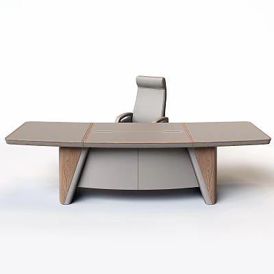 Modern Office Desk With Gray Surface Wooden Legs And Matching Chair 3d model
