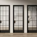 Modern Interior Hinged Doors With Black Frames Glass Panels And Golden Handles 3d model