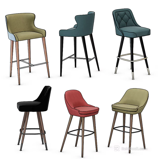 Modern Bar Stools Featuring Various Designs Different Colors And Upholstered Seats 3d model