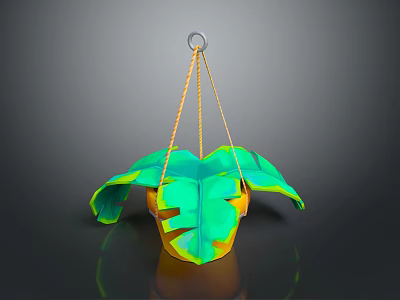 Hanging Green Plant With Large Leaves In Decorative Pot And Rope 3d model