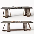 Modern Dining Table With Dark Surface Unique Striped Metal Legs And Decorative Items 3d model