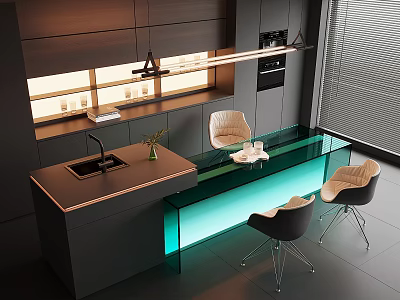 Modern Kitchen Bar with Illuminated Green Glass Countertop Stylish Chairs Sink and Plant in Modern Setting 3d model