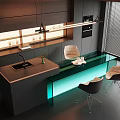 Modern Kitchen Bar with Illuminated Green Glass Countertop Stylish Chairs Sink and Plant in Modern Setting