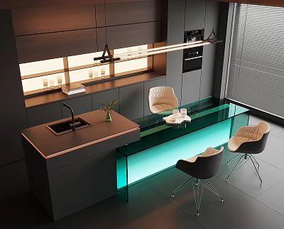 Modern Kitchen Bar with Illuminated Green Glass Countertop Stylish Chairs Sink and Plant in Modern Setting 3d model