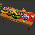 Colorful Toy Food Display On Table With Banana Watermelon Cake Ice Cream Cups And Drinks