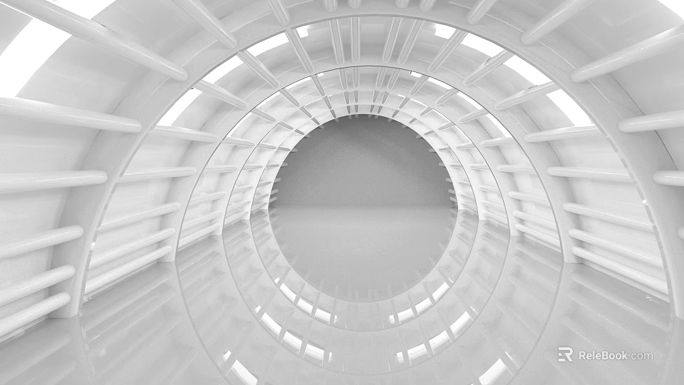 Futuristic White Circular Interior With Bright Reflective Floor And Geometric Frames 3d model 