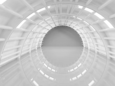 Futuristic White Circular Interior With Bright Reflective Floor And Geometric Frames 3d model