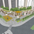 Modern Commercial Street Shopping Hub Featuring Colorful Circular Decorations High Rise Buildings And Green Lawn