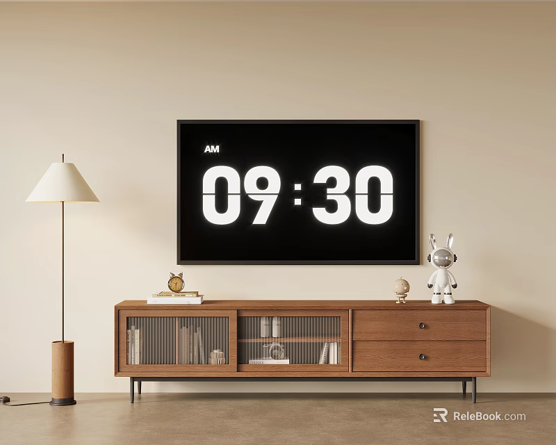 Modern Wooden TV Stand with TV Displaying Time Stuffed Toy and Floor Lamp 3d model 