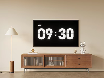 Modern Wooden TV Stand with TV Displaying Time Stuffed Toy and Floor Lamp 3d model