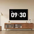 Modern Wooden TV Stand with TV Displaying Time Stuffed Toy and Floor Lamp