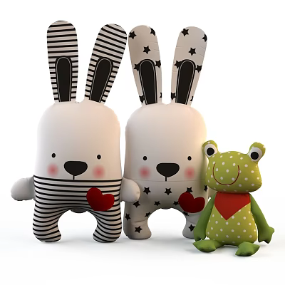Stuffed Rabbit and Frog Toys with Striped Star Polka Dot Patterns Holding Red Hearts 3d model
