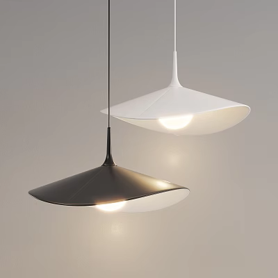 Modern Black And White Pendant Lights With Funnel Shapes Illuminated On Gray Background 3d model