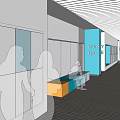 School Corridor With Orange Pillars Y10 Signs Elevators And Windows 3d model