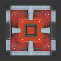 Red Geometric Cube Structure With Square Patterns And Metal Frame Accents