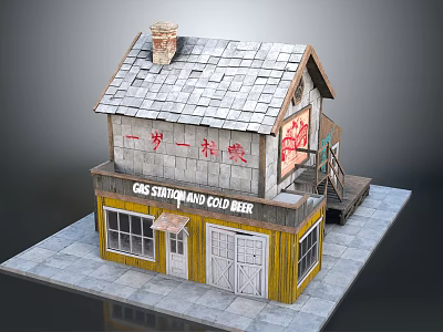 Two Story Residential Building With Ground Floor Shop Tile Roof Chimney And Wooden Exterior 3d model
