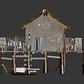 Cartoon Waterfront Hut with Thatched Roof Wooden Platform Small Boat Fishing Net and Barrels