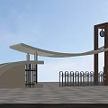 Modern Entrance Gate With Curved White Canopy And Brick Red Clock Tower