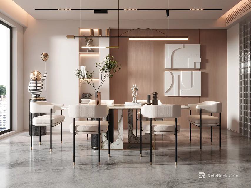 Modern Restaurant Interior With Marble Dining Table White Chairs And Pendant Lights 3d model