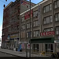 Vibrant Urban Commercial Street With Chinese Signs Red Fire Escapes And Green Awnings