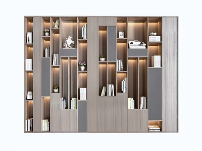 Modern Wooden Bookcase With Multiple Shelves Books Decorative Items And Lighting 3d model