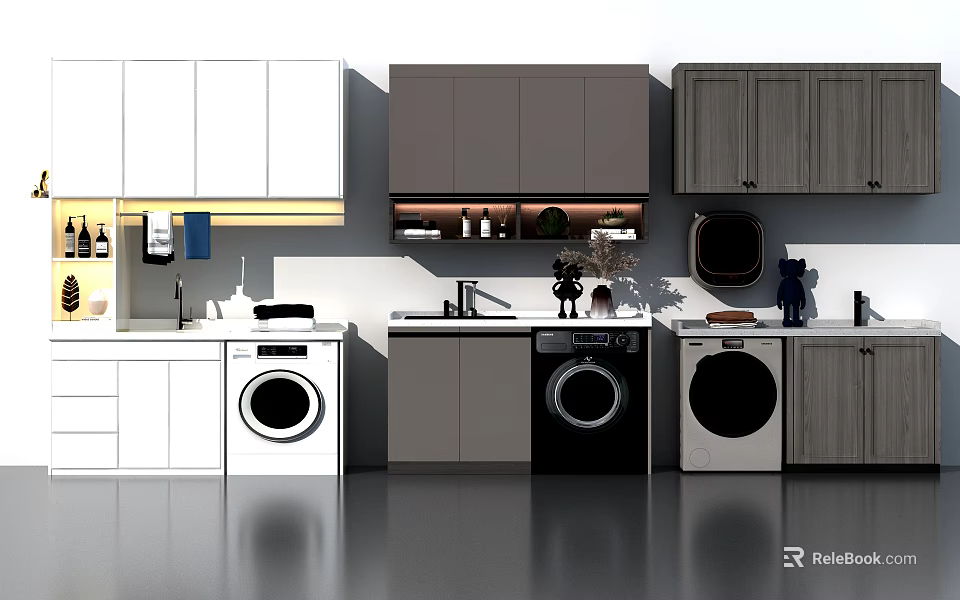 Modern Bathroom Vanity Cabinet Design With White Gray Wooden Storage Shelves Washing Machines Sink Area 3d model 
