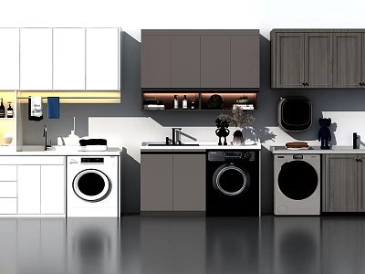 Modern Bathroom Vanity Cabinet Design With White Gray Wooden Storage Shelves Washing Machines Sink Area 3d model