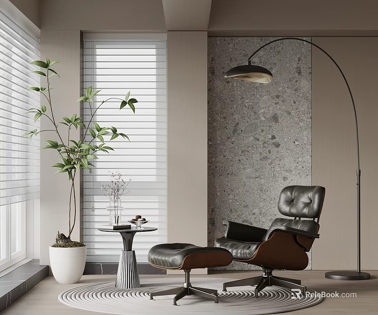 Gray Tone Living Room With Floor to Ceiling Blinds Green Plant and Black Leather Armchair 3d model 