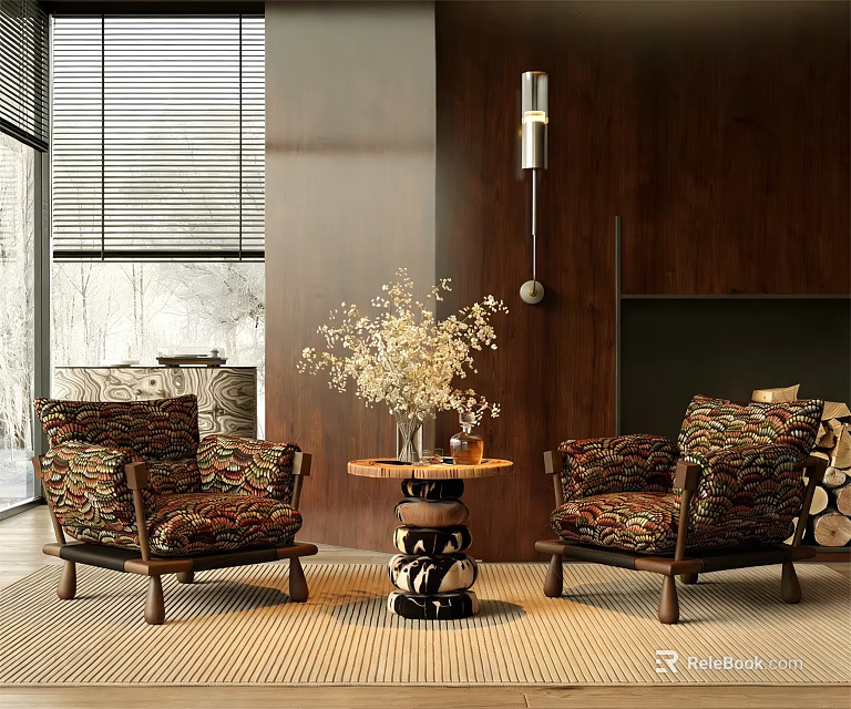 Two Patterned Accent Chairs With Wooden Legs And Small Round Table By Wooden Wall 3d model 