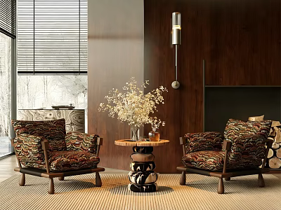 Two Patterned Accent Chairs With Wooden Legs And Small Round Table By Wooden Wall 3d model