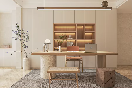 Quiet Study Desk Chair Writing Desk Bookcase Leisure Chair Chandelier Decorative Cabinet 3d model
