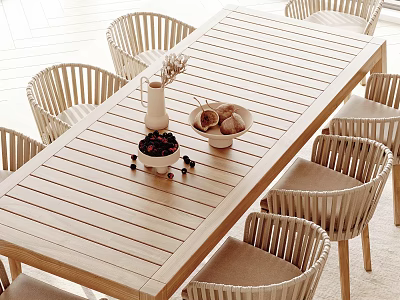 Wooden Outdoor Table With Rattan Chairs Decorative Bowls And Flower Vase 3d model