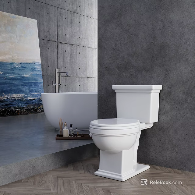 Modern Bathroom Interior With White Toilet Bathtub Gray Wall And Seascape Painting 3d model 