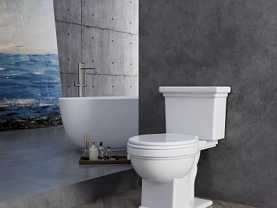 Modern Bathroom Interior With White Toilet Bathtub Gray Wall And Seascape Painting 3d model