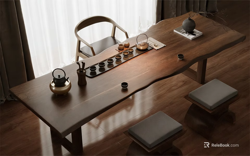 Wooden Tea Table With Matching Chairs Teapot Tea Cups And Cushions In Minimalist Indoor Setting 3d model 
